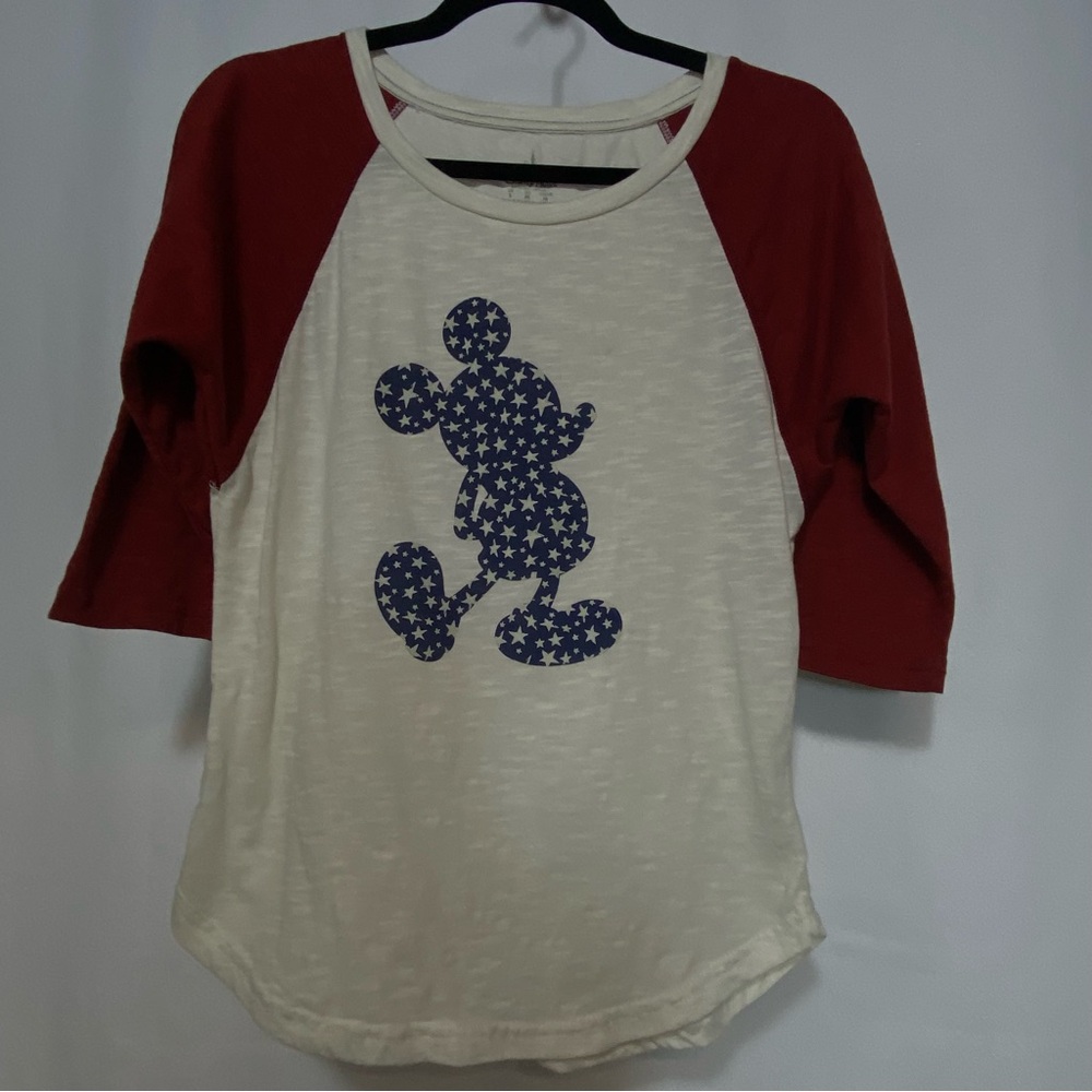 Disney Parks Mickey Mouse Baseball T- Shirt 3/4 Sleeve Womens Small Red White